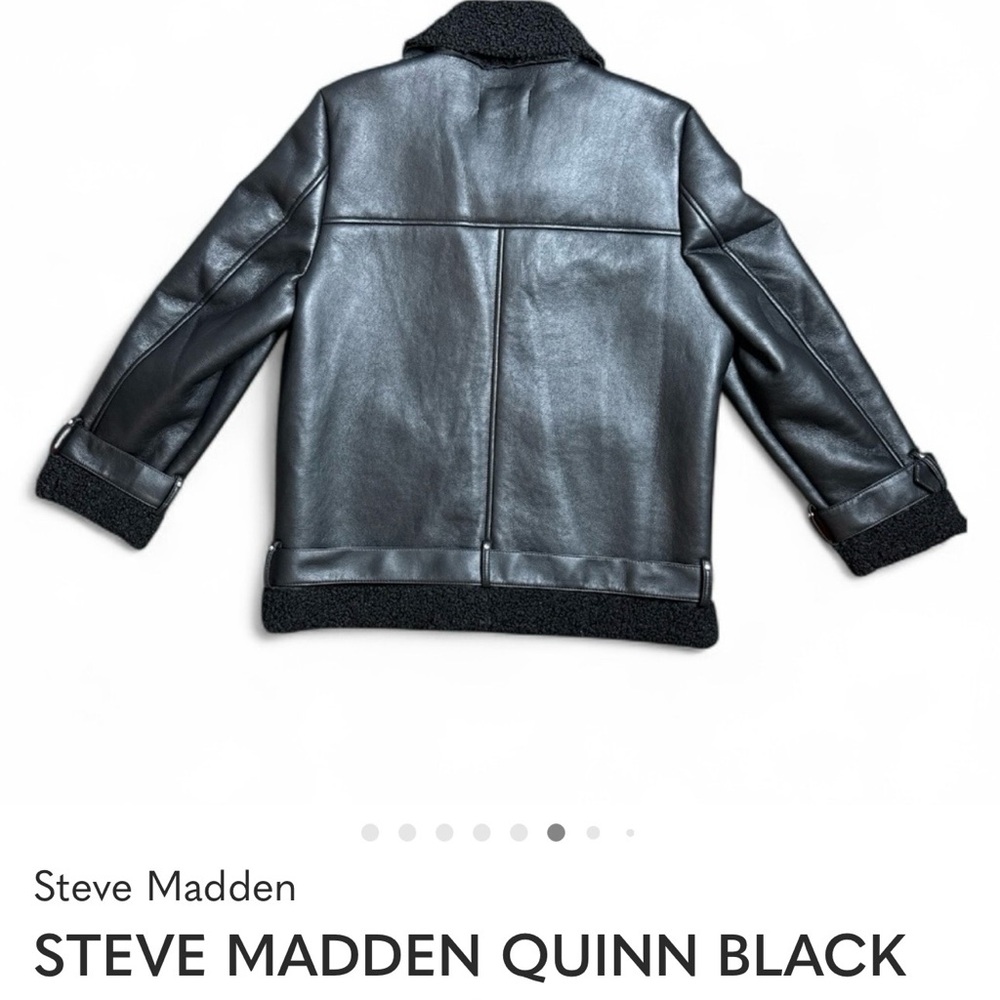 STEVE MADDEN QUINN BLACK FAUX LEATHER SHERPA LINED MOTO JACKET